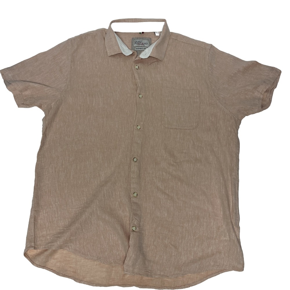 Bruno Mens Washable Linen Shirt Short Sleeve Salmon Size L Large 1 Pocket Light